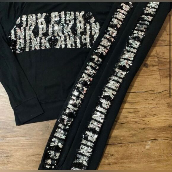 PINK VS SILVER LOGO BLING SWEATSHIRT/ JOGGER PANTS OUTFIT SET M - Picture 4 of 14
